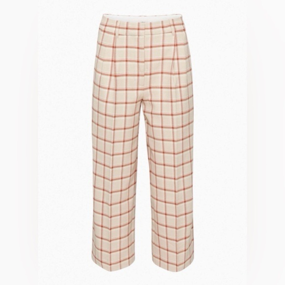 Aritzia/Wilfred Effortless Pants in a light brown/cream check pattern